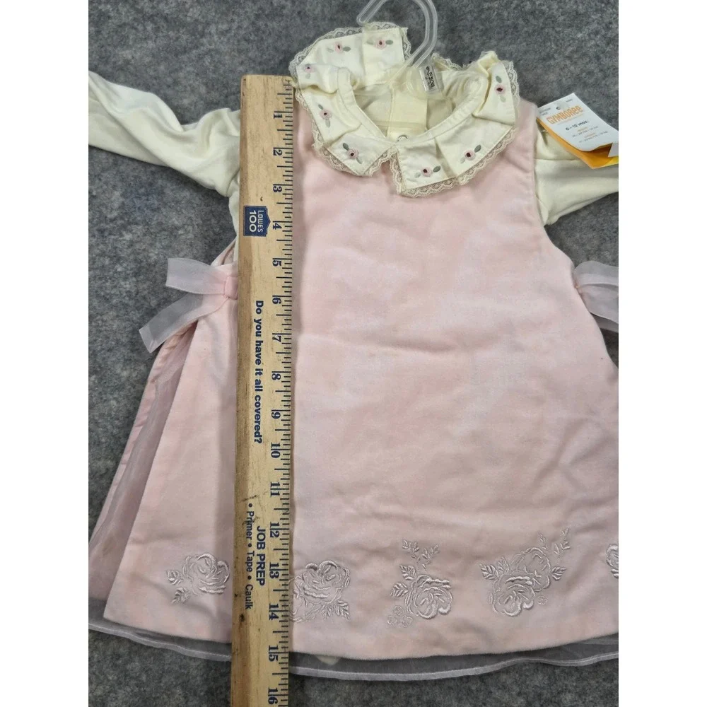 Vintage Gymboree Pink Velvet Floral Embroidered Dress Bodysuit Set 6-12 Months